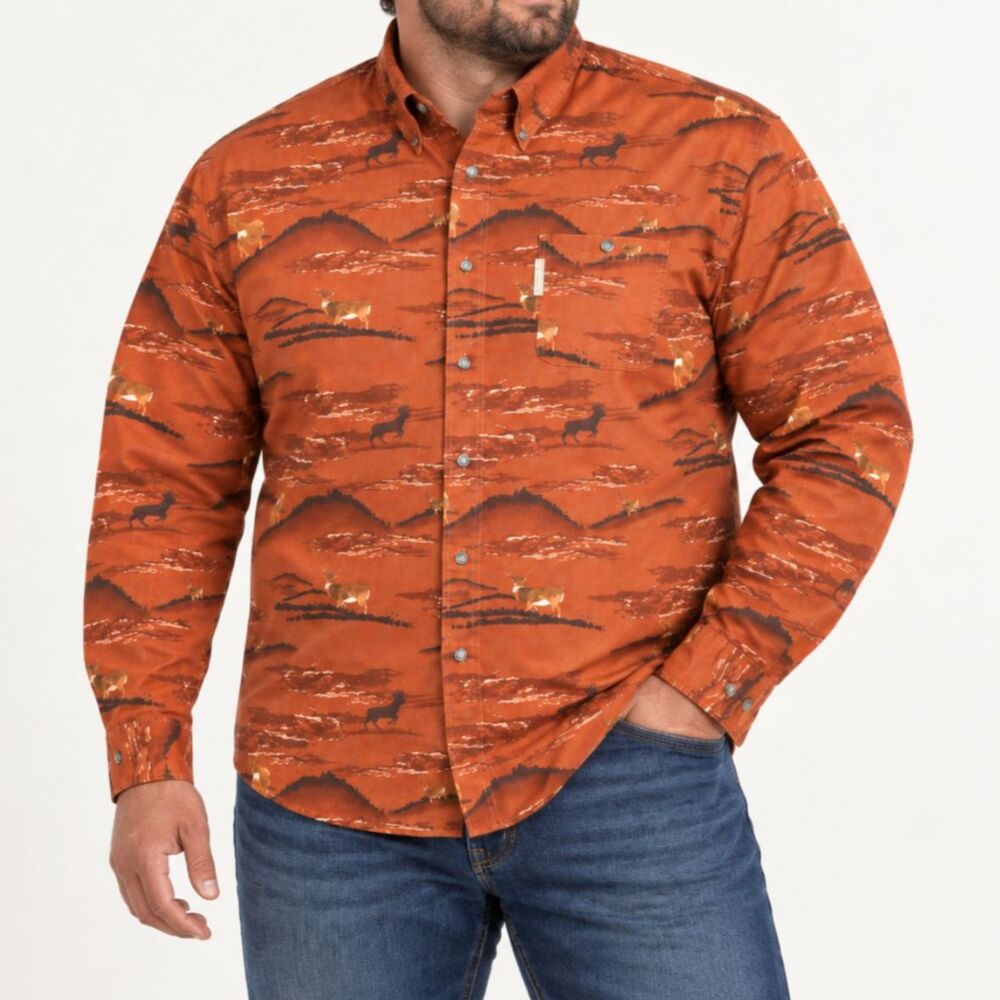 Columbia Orange Wildlife Print Shirt Mens XL Long Sleeve Button Down